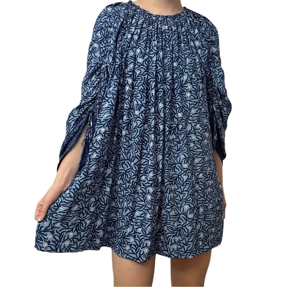 Natalie Martin Dress Mini Tunic Floral Blue 100% Silk Flowy Size Extra Small - Picture 1 of 8